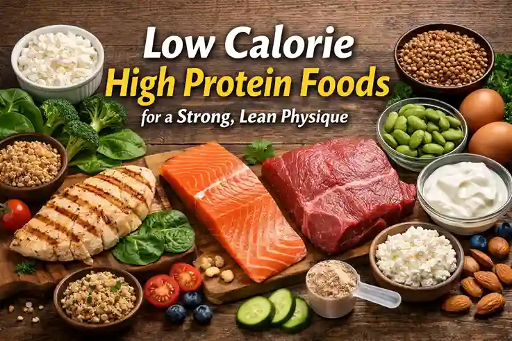 Low calorie high protein foods including chicken breast, fish, eggs, yogurt, legumes, and vegetables arranged for a healthy lean physique