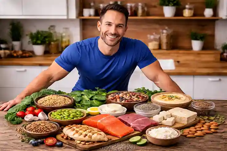 Person presenting low calorie high protein foods for muscle growth, including chicken, fish, lean meat, tofu, legumes, and vegetables