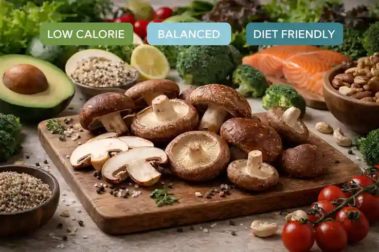 Fresh shiitake mushrooms displayed with healthy ingredients, highlighting low-calorie nutrition