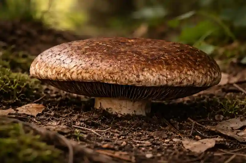 Mature portobello mushroom growing naturally in soil with wide flat cap