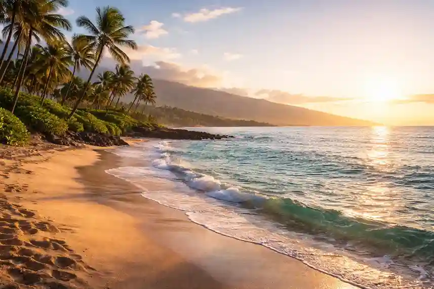 Quiet Maui beach with turquoise water, palm trees, and a calm, peaceful coastal atmosphere.