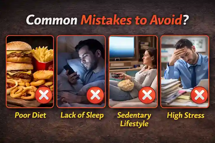 Common lifestyle mistakes including poor diet, lack of sleep, sedentary habits, and high stress shown with visual examples