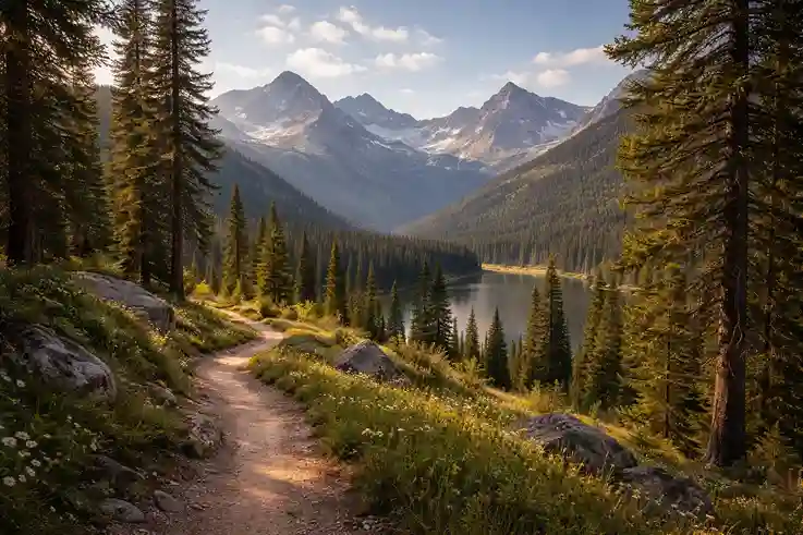 Peaceful national park landscape with open space, mountains, and trails, representing quiet, nature, and outdoor adventure.