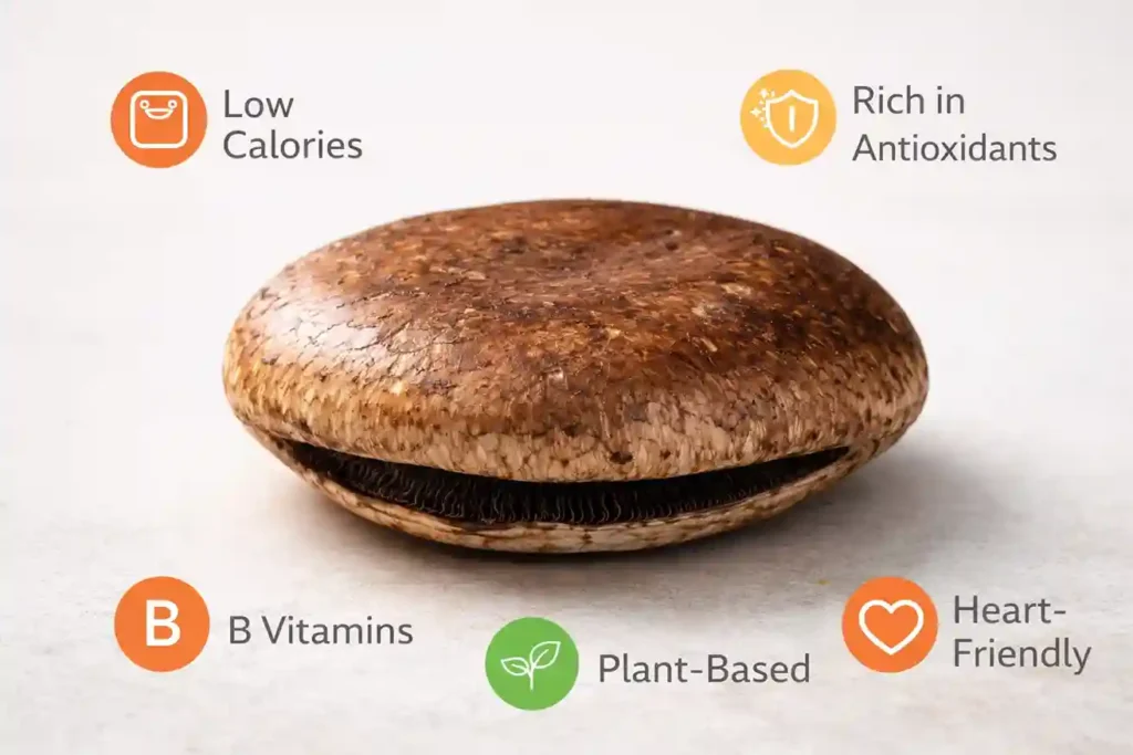 Portobello mushroom with floating labels showing nutrition and health benefits