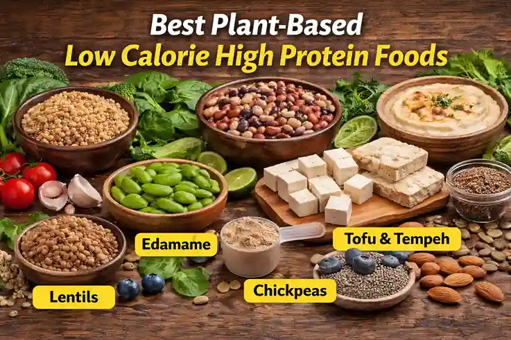 Plant-based low calorie high protein foods including lentils, edamame, tofu, tempeh, chickpeas, quinoa, and vegetables