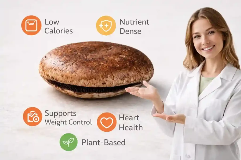 Female explaining nutritional benefits of a portobello mushroom with labels