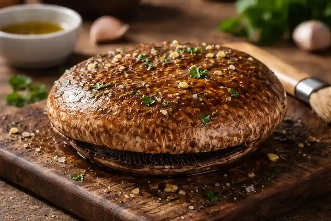 Large portobello mushroom with wide dark brown cap prepared as a hearty main ingredient