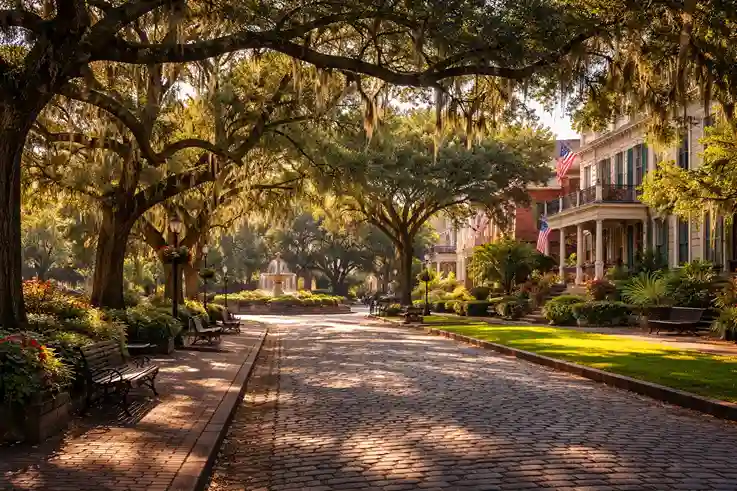 Historic Savannah street with oak trees and Spanish moss creating a soft, timeless atmosphere.