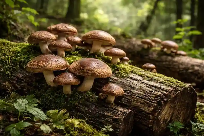 Shiitake mushrooms with brown caps growing on hardwood logs in a natural forest environment