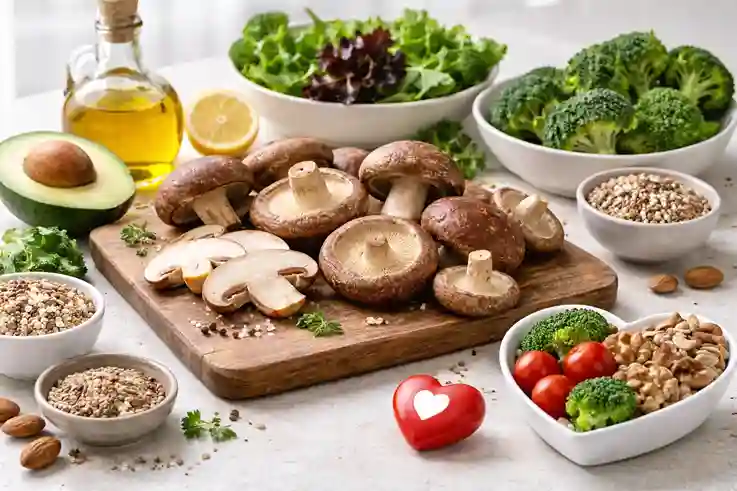 Shiitake mushrooms displayed with heart-healthy foods in a clean kitchen setting