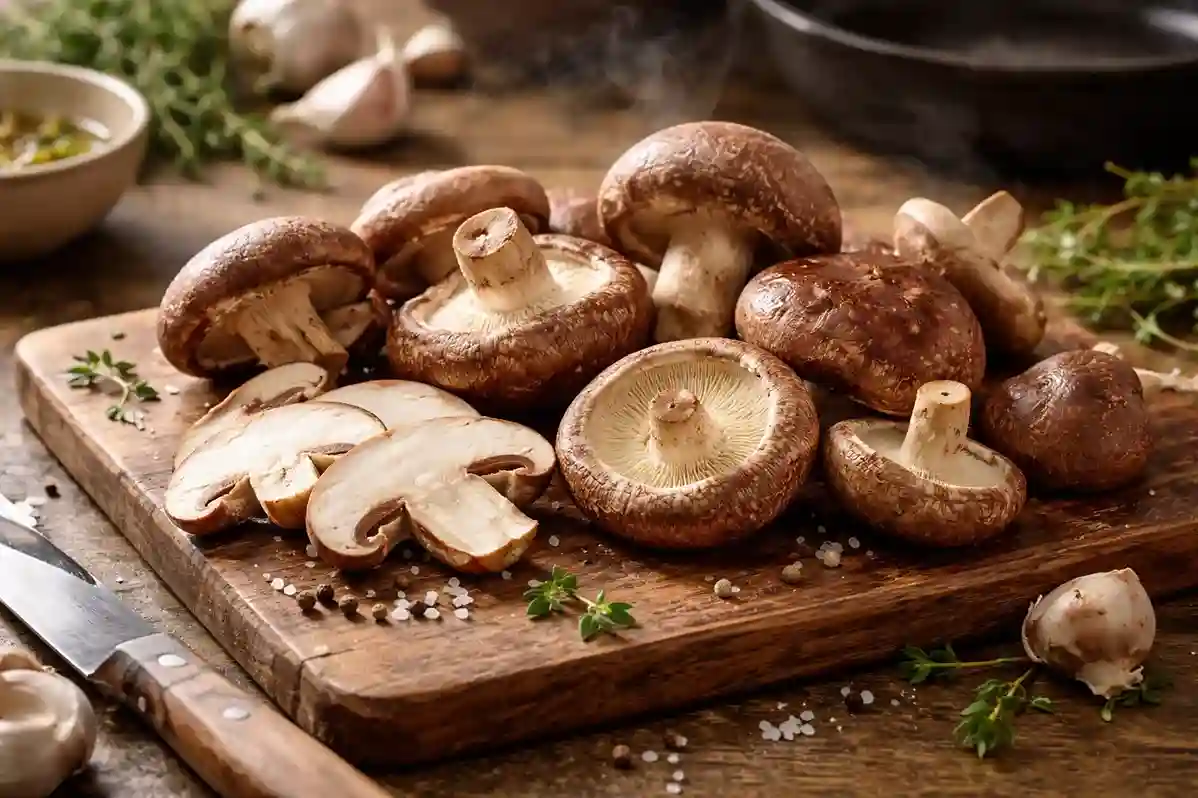 Fresh shiitake mushrooms displayed on a rustic kitchen surface, highlighting their rich texture and culinary appeal