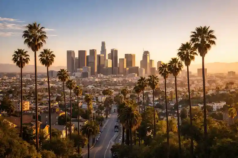 Los Angeles skyline with palm trees, warm sunlight, and iconic city scenery reflecting California lifestyle.
