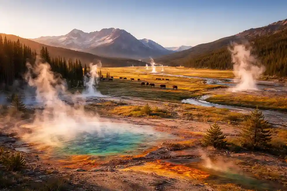 Yellowstone National Park with geysers, open valleys, and bison under a clear sky.
