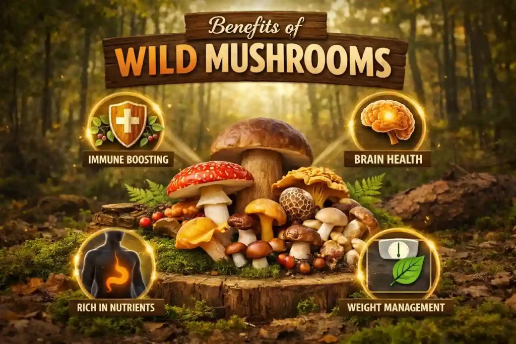 Wild mushrooms in a forest with icons showing immune support, brain health, nutrition, and weight management benefits