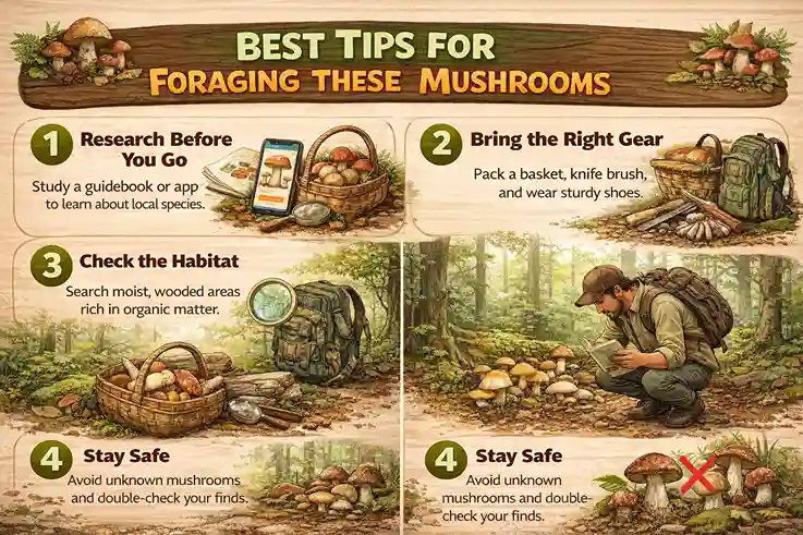 Illustrated guide showing tips for safely foraging wild mushrooms in forests