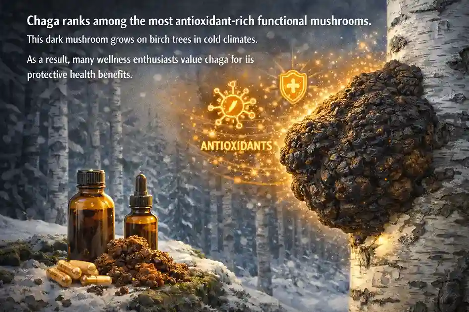 Chaga mushroom growing on birch tree in snowy forest, known for strong antioxidant benefits.