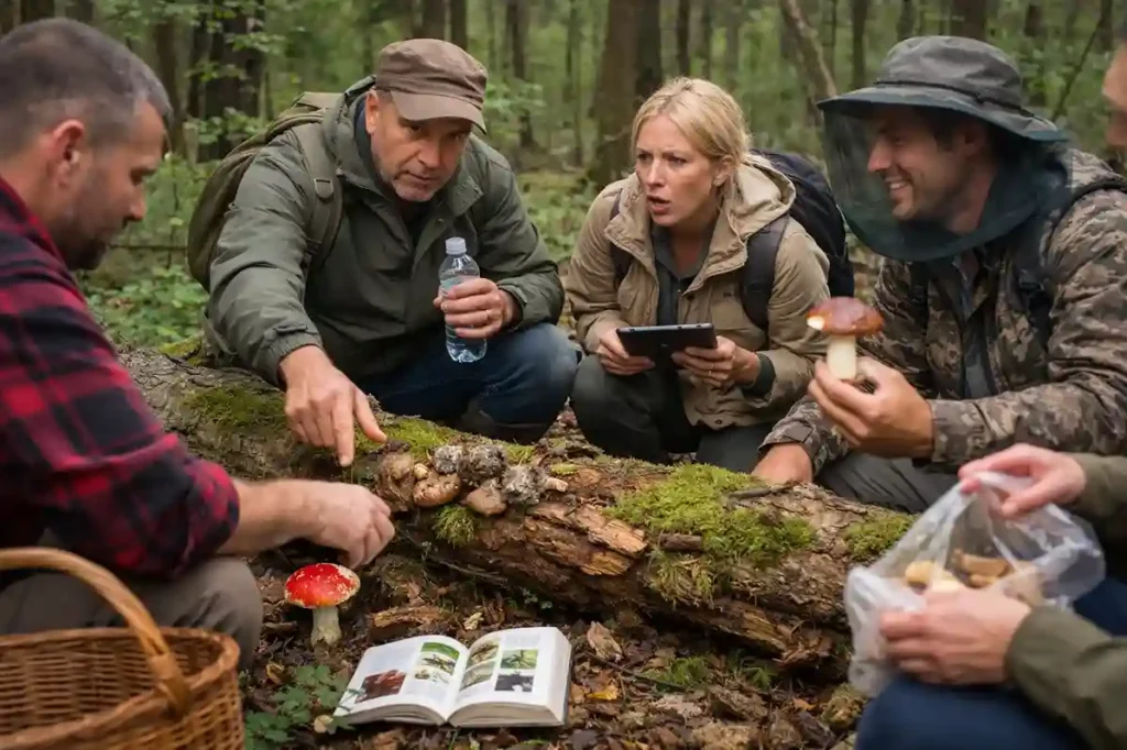 Forager examining mushrooms in forest and making common identification mistakes