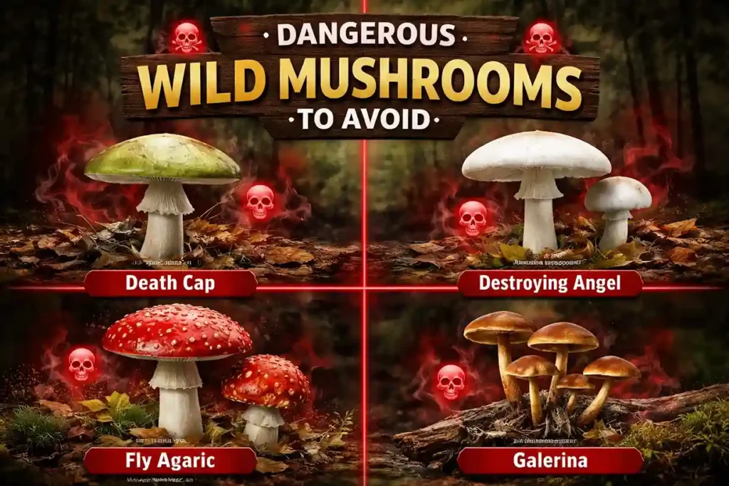 Toxic wild mushrooms including death cap, destroying angel, fly agaric, and galerina shown in warning infographic