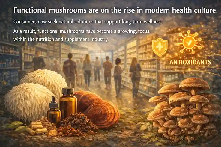 Functional mushrooms and supplements representing natural wellness and growing health trends.