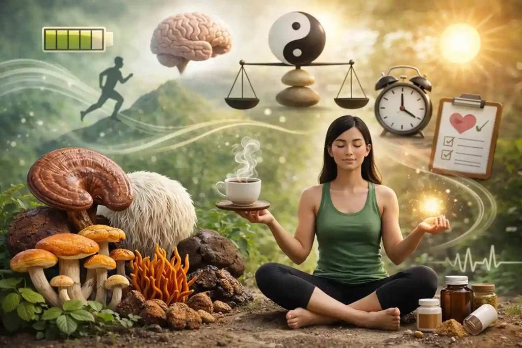 Woman meditating outdoors with functional mushrooms and herbal tea, symbolizing natural energy, balance, and mental clarity.