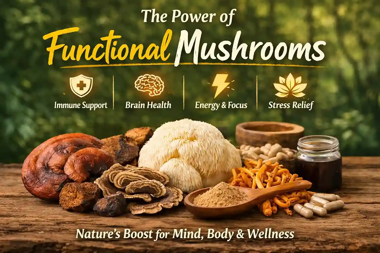 Functional mushrooms including reishi, lion’s mane, cordyceps, and chaga displayed with powder and supplements for health benefits.