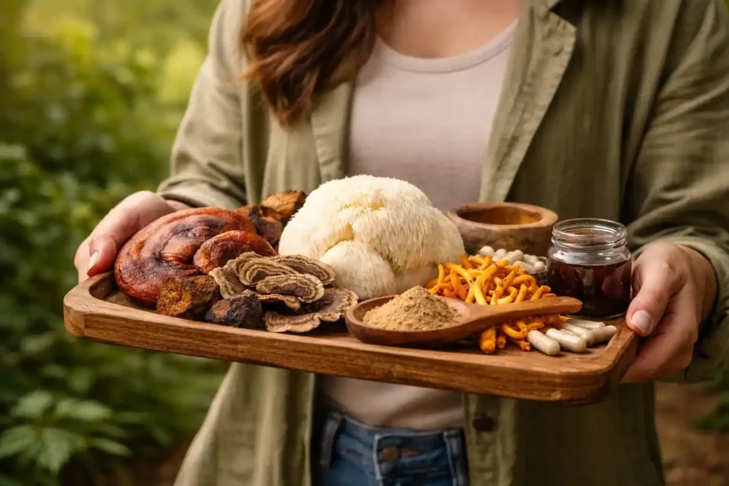 Person holding a tray with functional mushrooms including reishi, lion’s mane, cordyceps, and turkey tail used for wellness.
