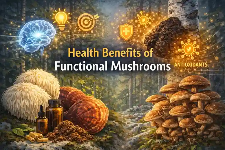 Functional mushrooms including lion’s mane, reishi, chaga, and shiitake with wellness icons.