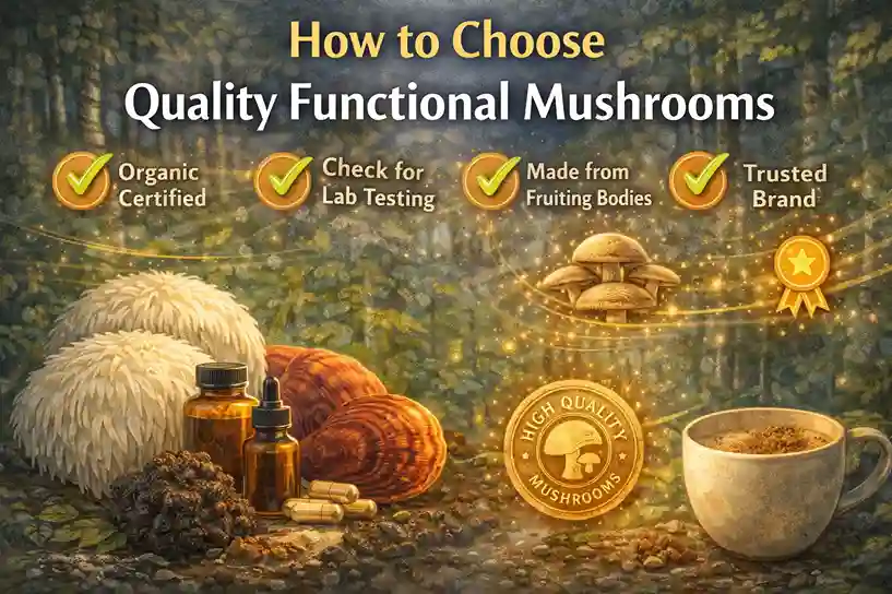 Guide showing how to choose quality functional mushrooms with organic and lab-tested indicators.