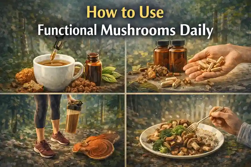 Ways to use functional mushrooms daily including tea, supplements, smoothies, and meals.