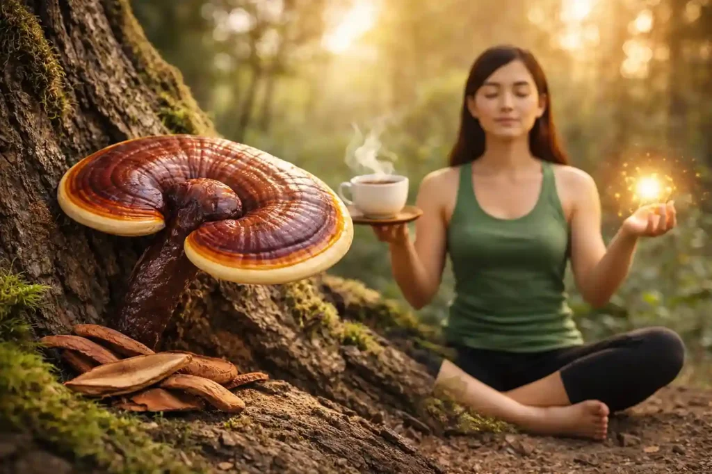 Woman meditating in a forest near a reishi mushroom while holding mushroom tea, symbolizing natural balance and wellness.
