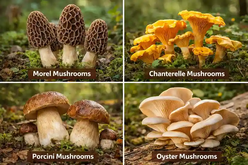 Four wild mushrooms in grid showing morel, chanterelle, porcini, and oyster mushrooms in natural forest setting