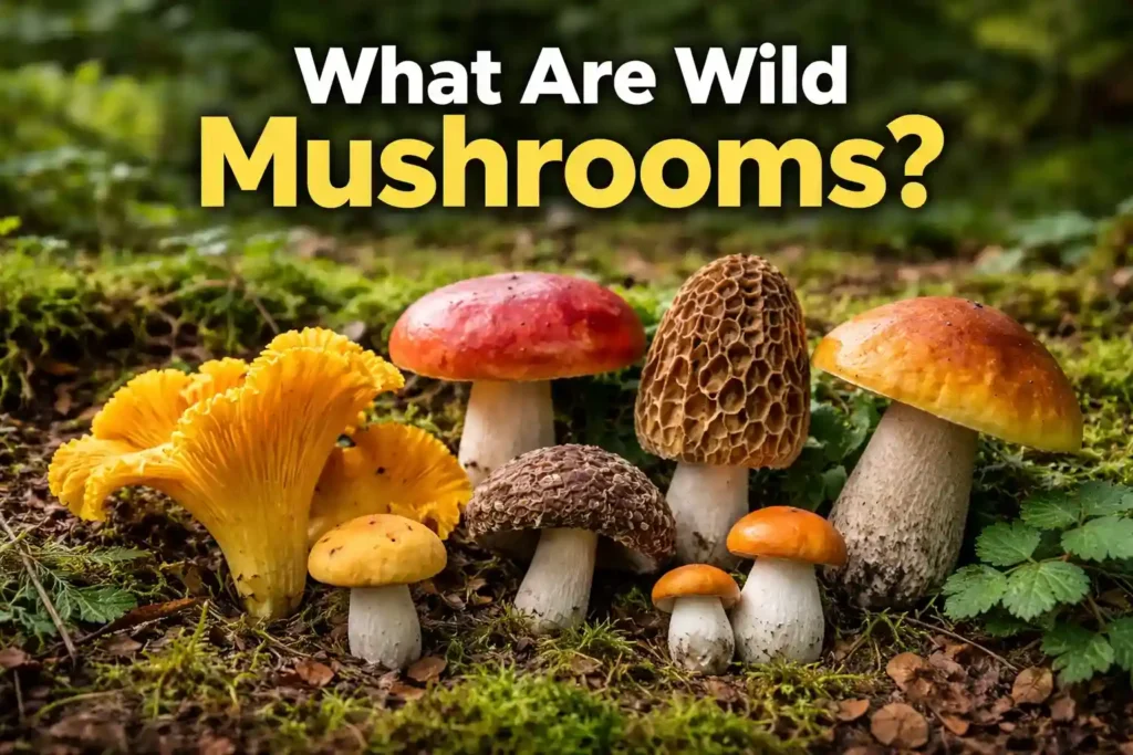 Different wild mushrooms on a forest floor showing natural growth and variety in shape, color, and texture