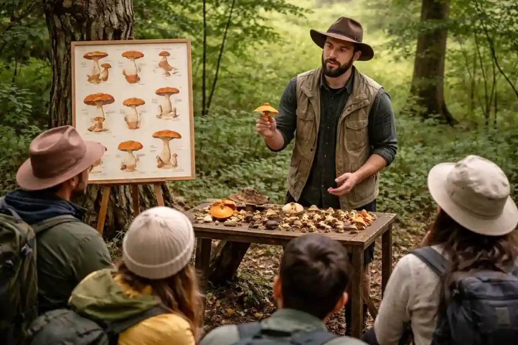 Instructor teaching a group how to identify wild mushrooms in a forest setting