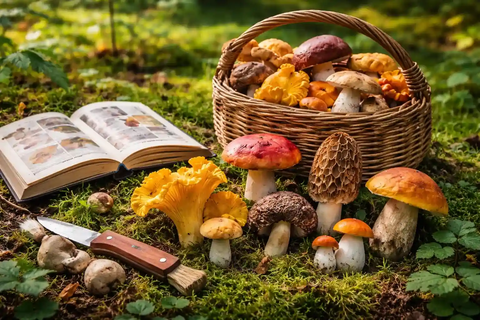 Wild mushrooms in a forest with a basket, knife, and guidebook used for safe foraging and identification