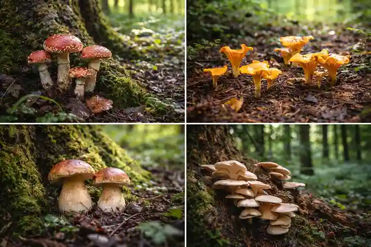 Wild mushrooms growing on forest floor with moss, leaves, and moist soil