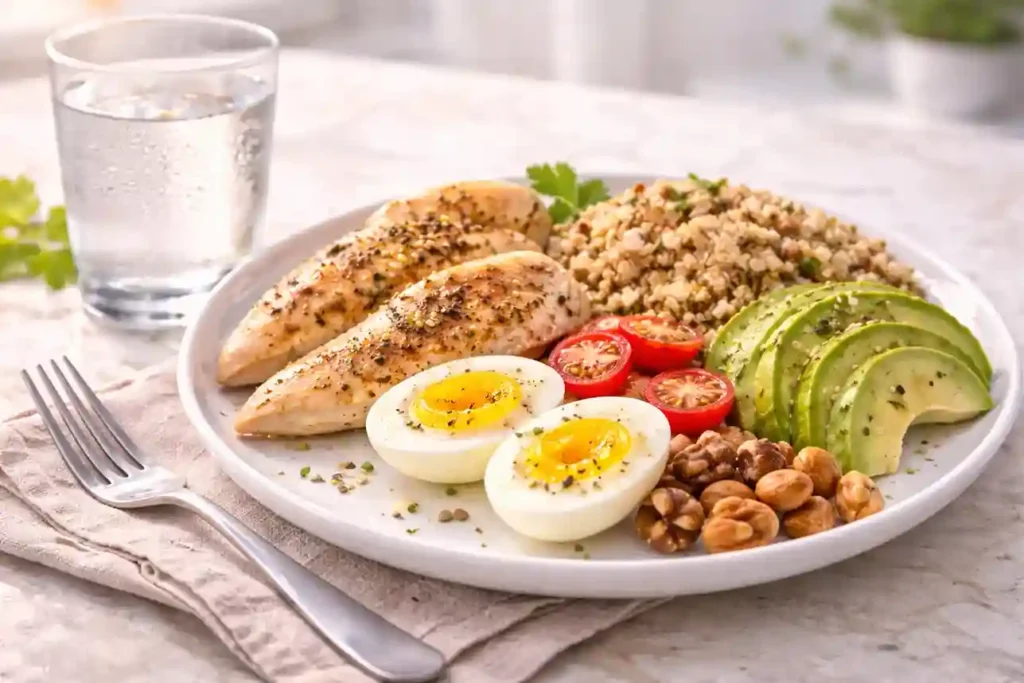 Balanced healthy breakfast with eggs, whole grains, avocado, nuts, and water in bright natural morning light