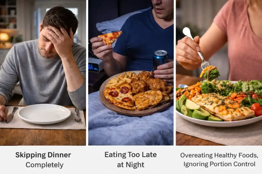 Examples of unhealthy dinner habits including skipping meals, eating late at night, overeating, and poor portion control