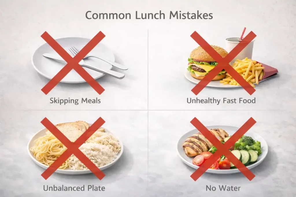 Four common lunch mistakes including skipping meals, fast food, unbalanced plate, and no water shown in a 4 section layout