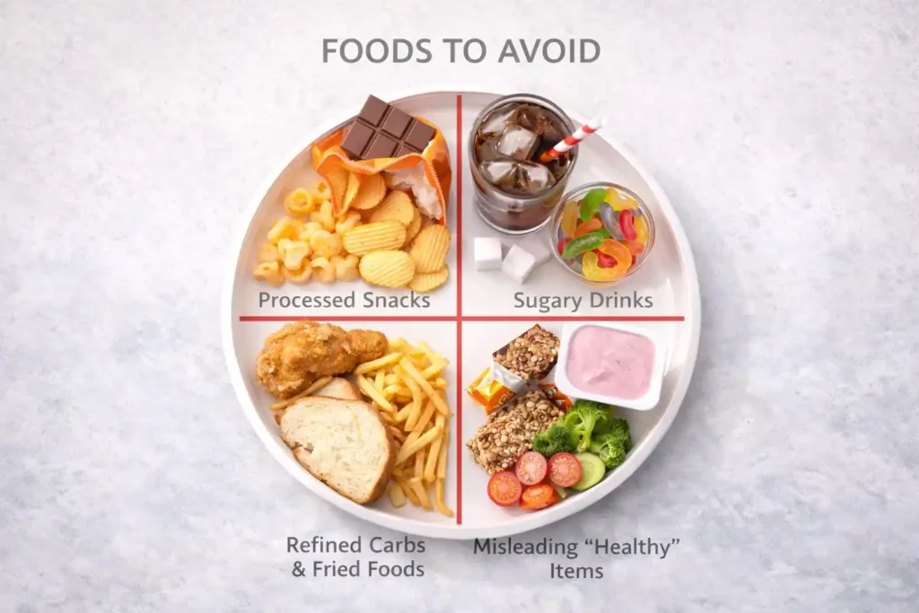 Top view of a lunch plate showing foods to avoid including processed snacks, sugary drinks, fried foods, and refined carbs