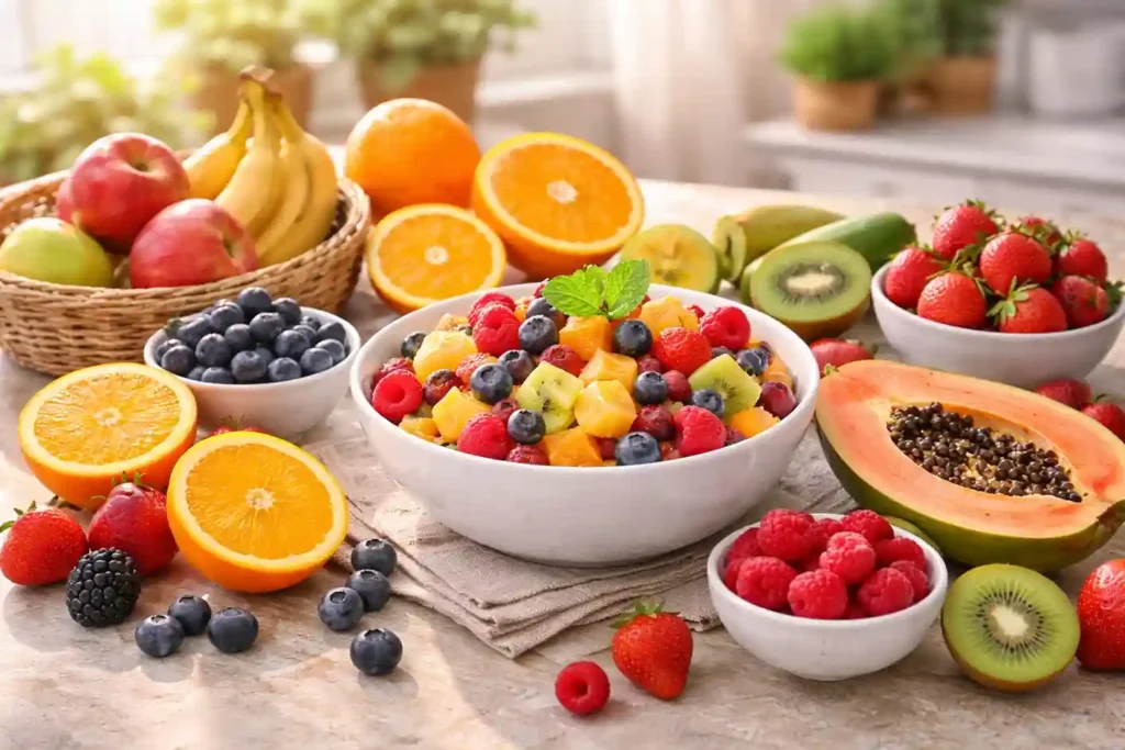Colorful fruit breakfast with apples, bananas, berries, oranges, and papaya in a bowl under natural morning light