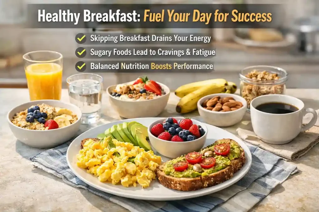 Balanced healthy breakfast with eggs, avocado toast, berries, oats, and juice for energy and focus