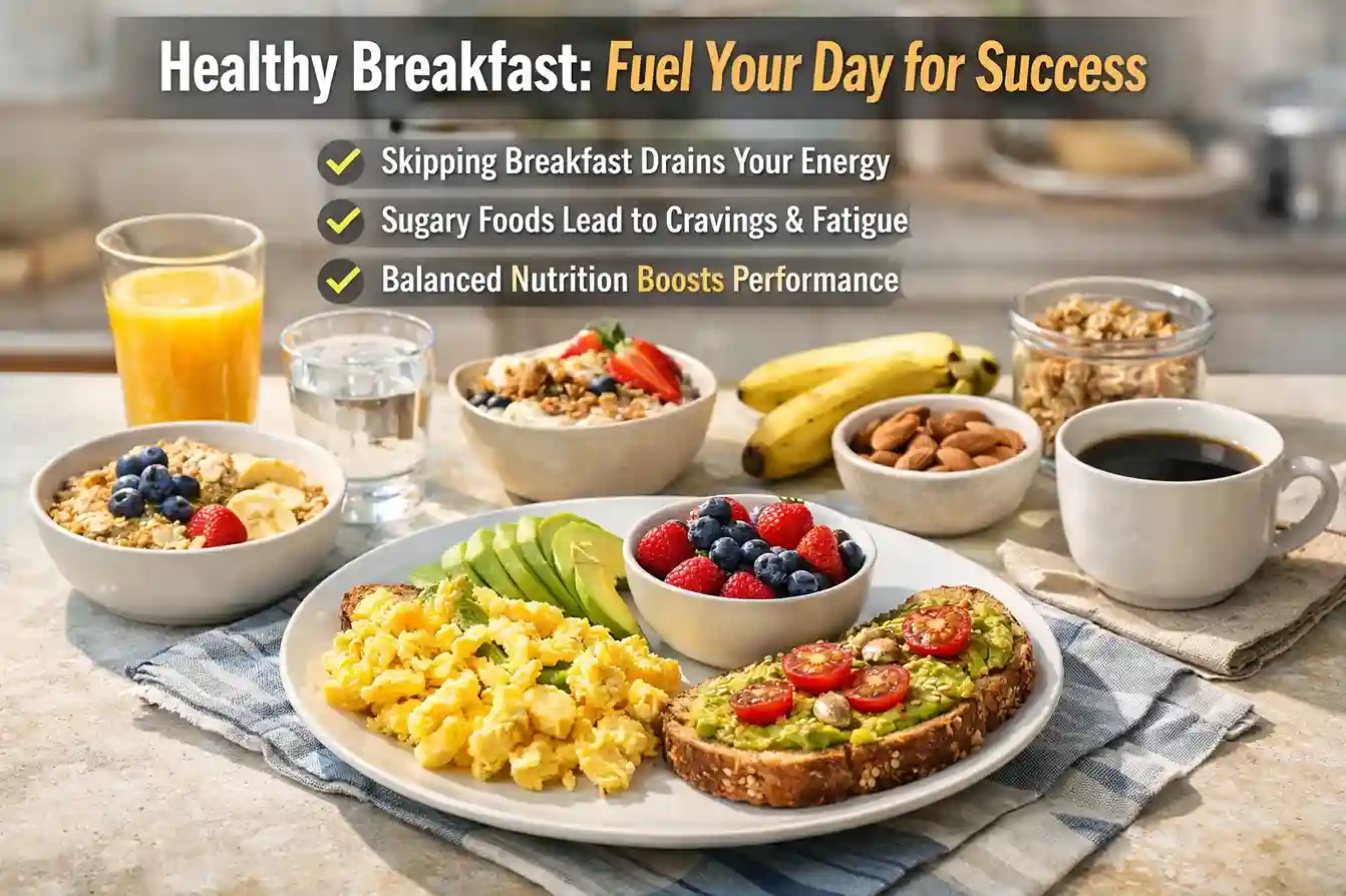 Balanced healthy breakfast with eggs, avocado toast, berries, oats, and juice for energy and focus