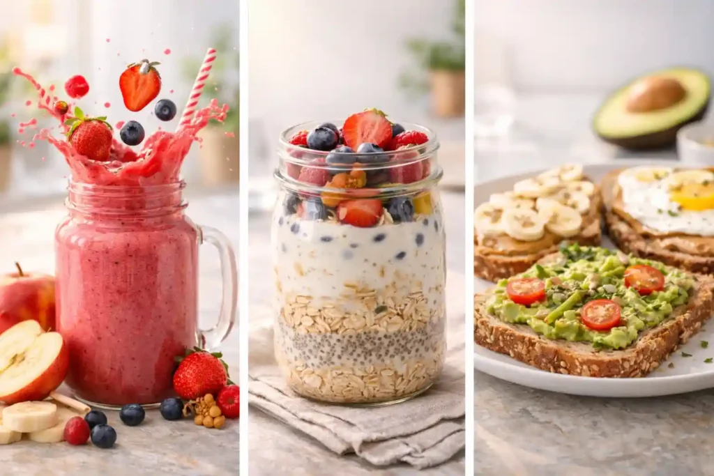 Healthy breakfast with smoothie, overnight oats, and whole grain toast with avocado, egg, and banana in morning light