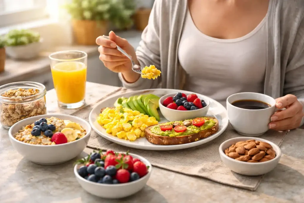 Woman eating a balanced healthy breakfast with eggs, avocado toast, fruits, and coffee in a bright kitchen