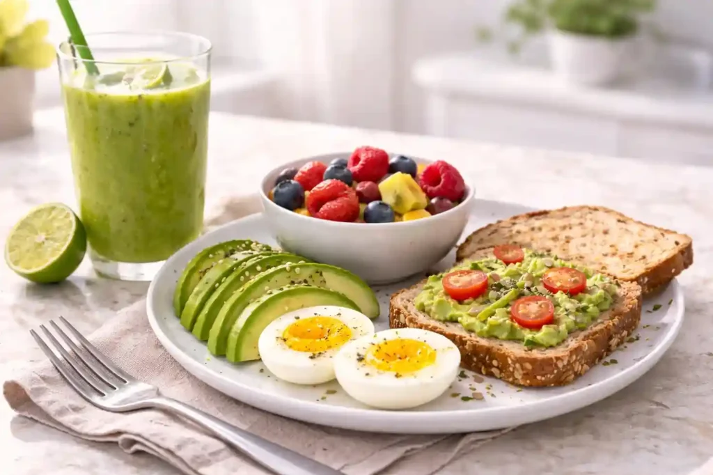 Healthy breakfast with boiled eggs, avocado, whole grain toast, fruits, and green smoothie on a clean white table