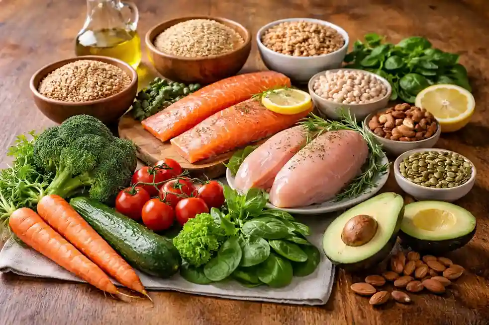 Raw healthy dinner ingredients including whole grains, lean protein, fresh vegetables, and healthy fats arranged on a table