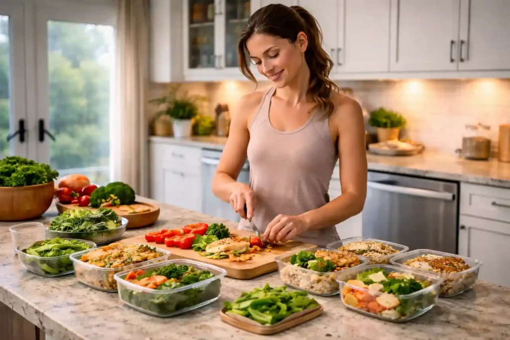American adult preparing healthy meals with chicken, vegetables, and grains on a clean kitchen countertop