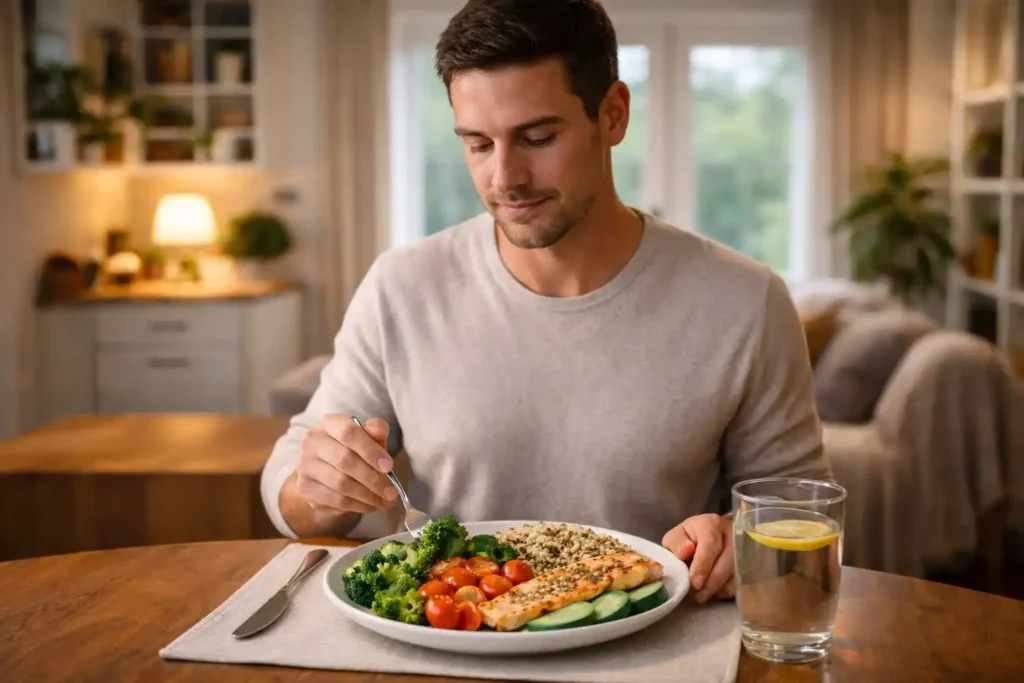 American adult eating a healthy dinner with grilled salmon, vegetables, quinoa, and avocado in a modern kitchen setting

