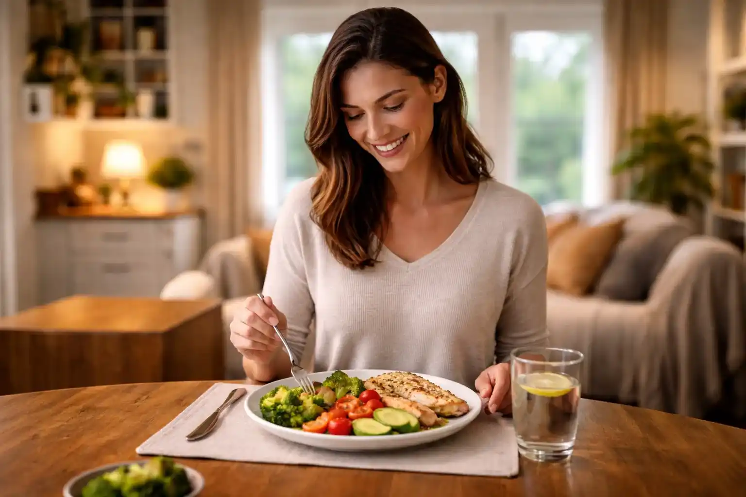 Person enjoying a healthy dinner at home with a balanced plate of vegetables, grilled protein, and whole grains