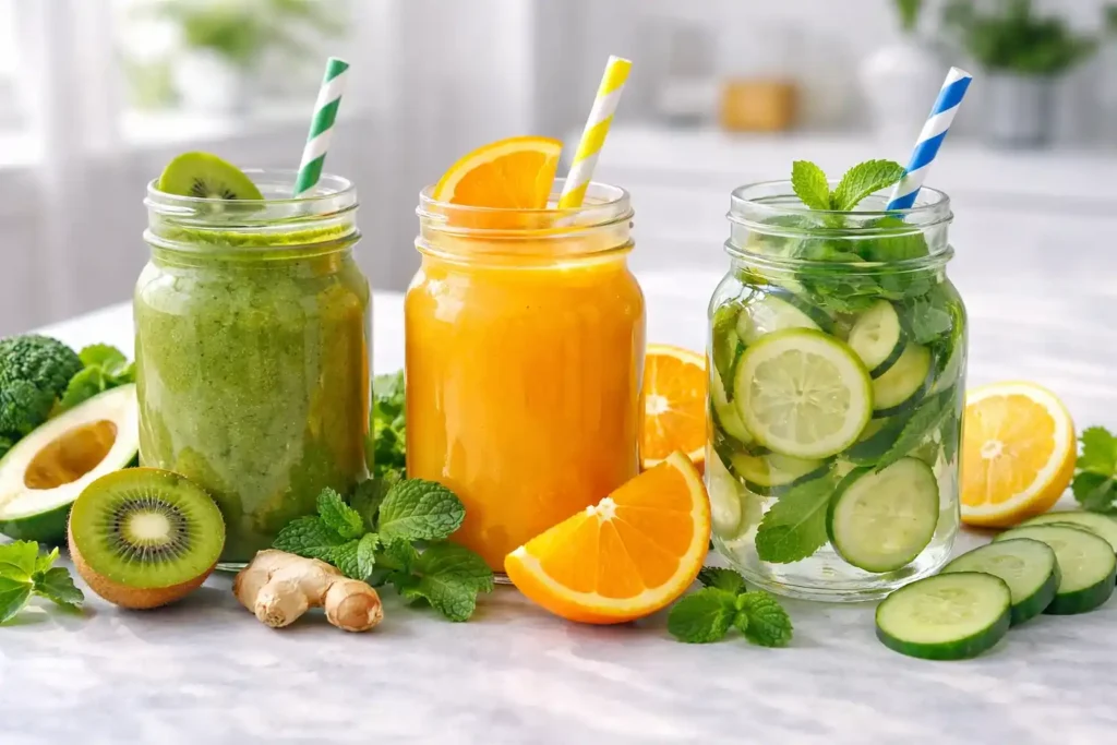 Healthy drinks including green smoothie, orange juice, and detox water with fresh fruits and herbs in natural light